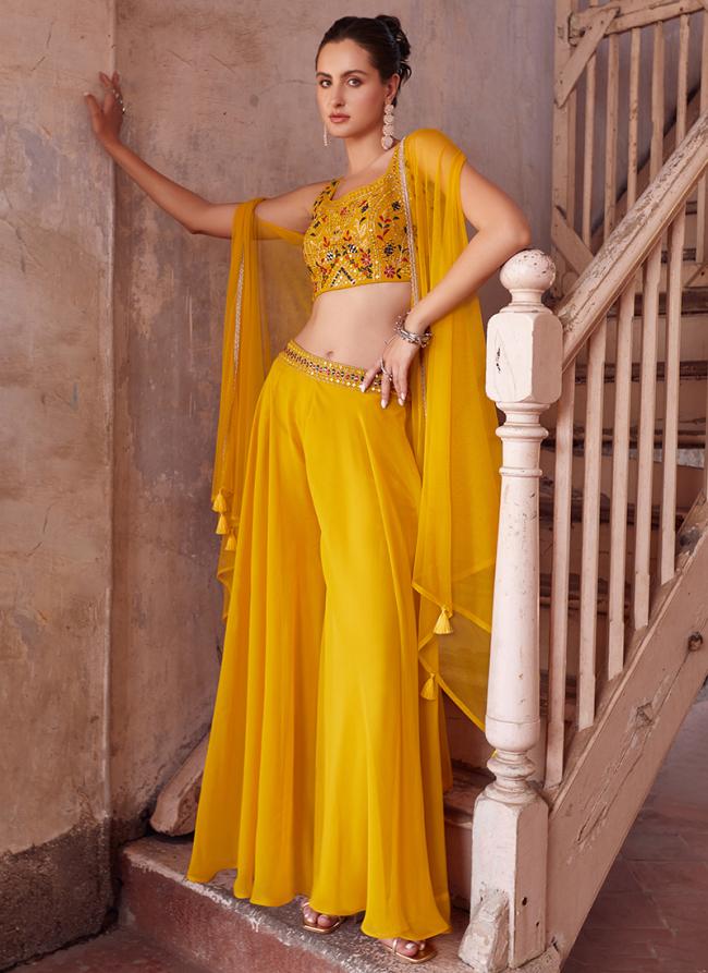 Georgette Yellow Party Wear Hand Work Readymade Indo Western